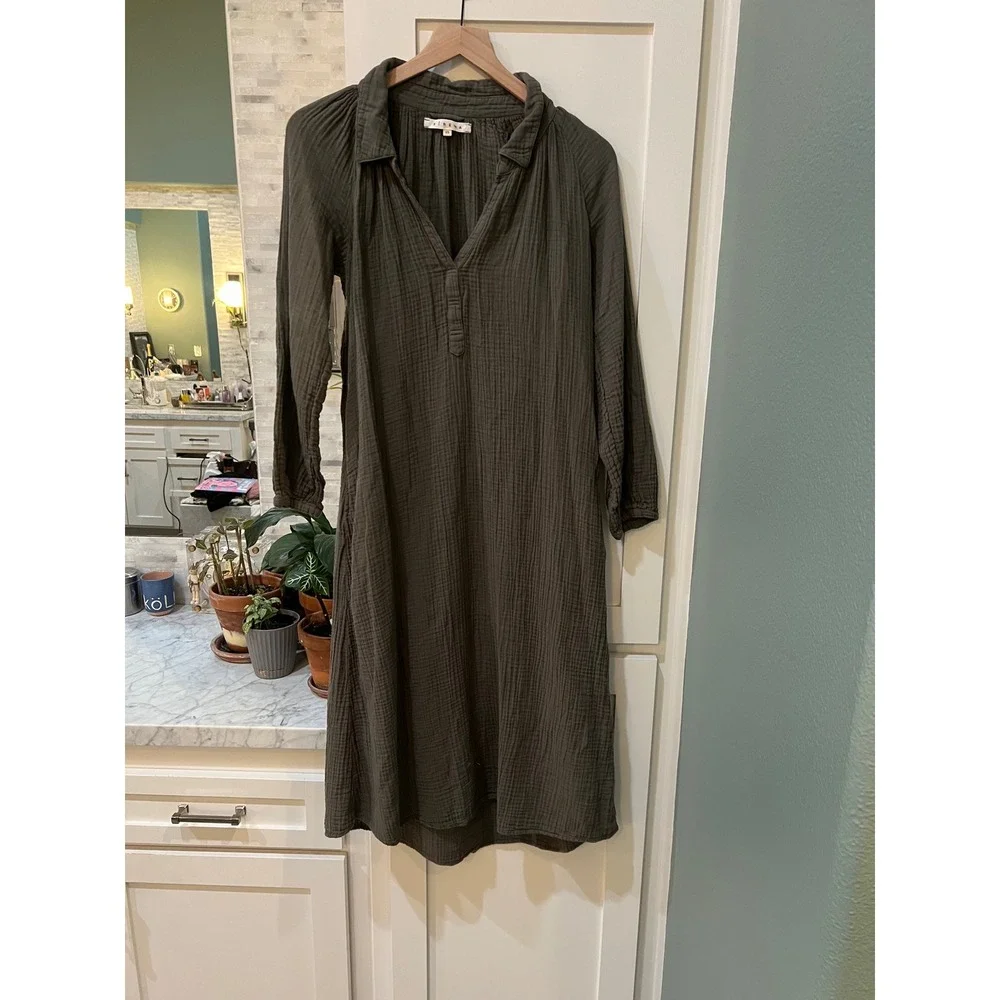Xirena Lexx Cotton Double Gauze Midi Dress Olive Green Womens XS Long Sleeve - Picture 3 of 4